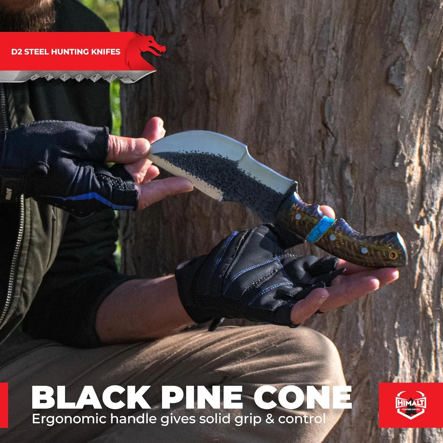 10" Hand Forged D2 Steel Fixed Blade Hunting Knife with Sheath-Black Pine Cone & Turquoise Stone Handle-Full Tang Survival, camping, Bushcraft knife -Ideal For EDC, skinning, Outdoor-Best Hunting Knives For Men.