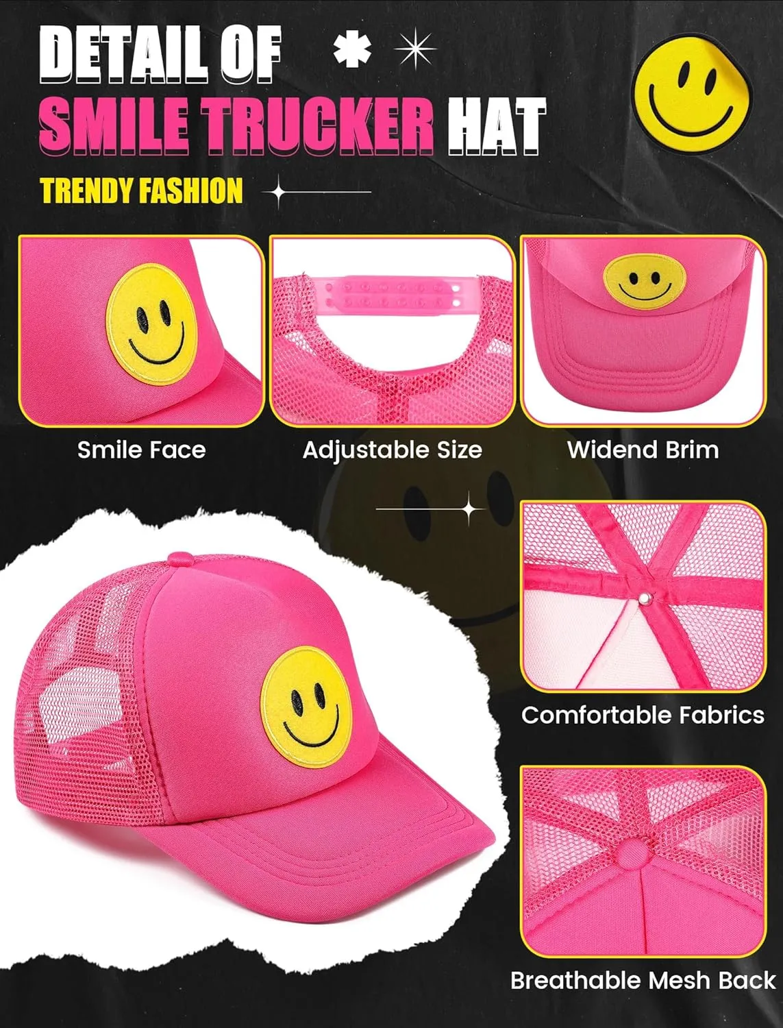 2 Pcs Smile Face Baseball Cap Smile Trucker Hat Mesh Adjustable Baseball Cap Retro Preppy Hats for Women