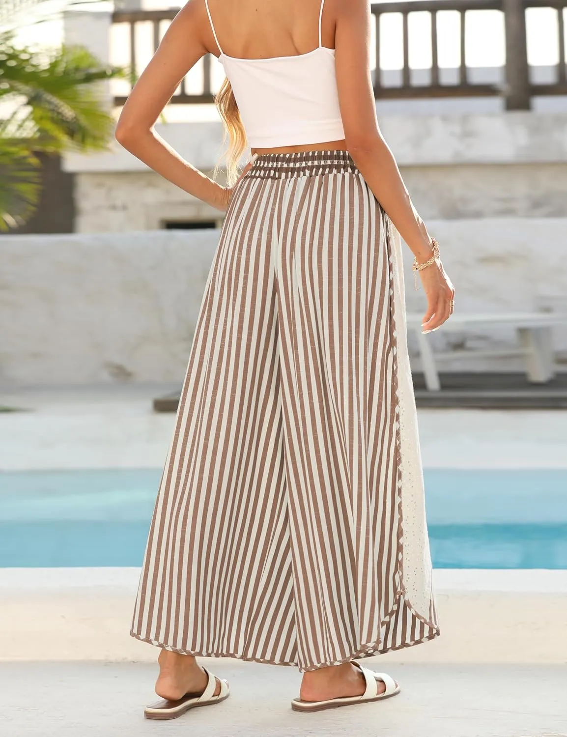 Athlisan Womens Summer Casual Loose Striped Wide Leg Lounge Pants Elastic Waist Palazzo Trousers