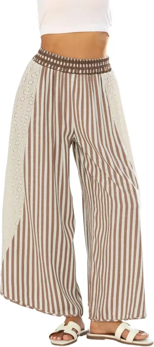 Athlisan Womens Summer Casual Loose Striped Wide Leg Lounge Pants Elastic Waist Palazzo Trousers