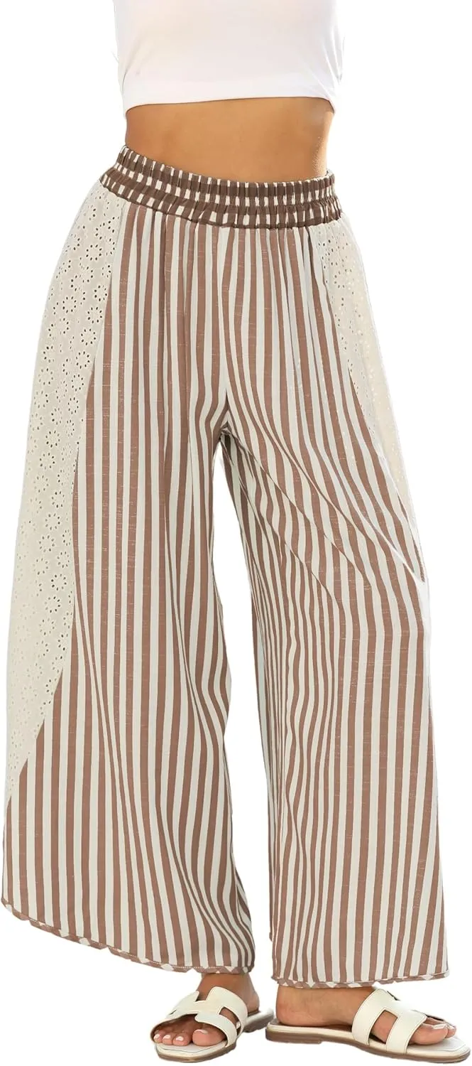 Athlisan Womens Summer Casual Loose Striped Wide Leg Lounge Pants Elastic Waist Palazzo Trousers