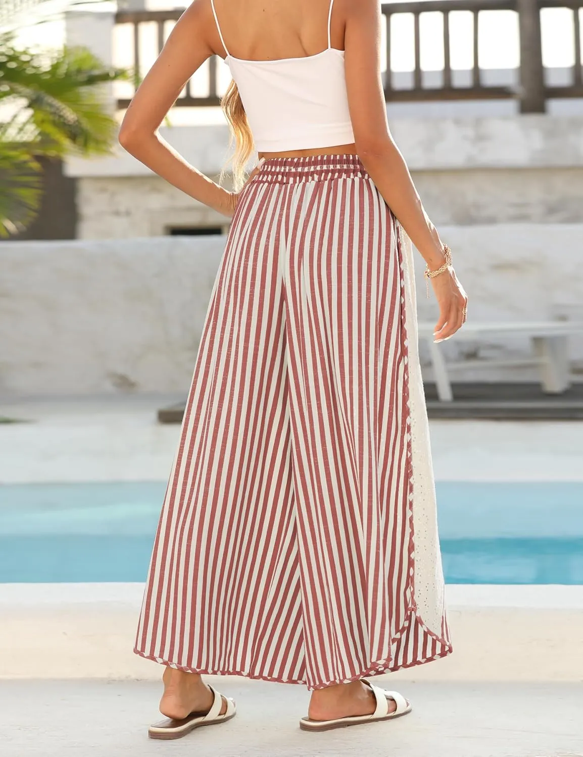 Athlisan Womens Summer Casual Loose Striped Wide Leg Lounge Pants Elastic Waist Palazzo Trousers