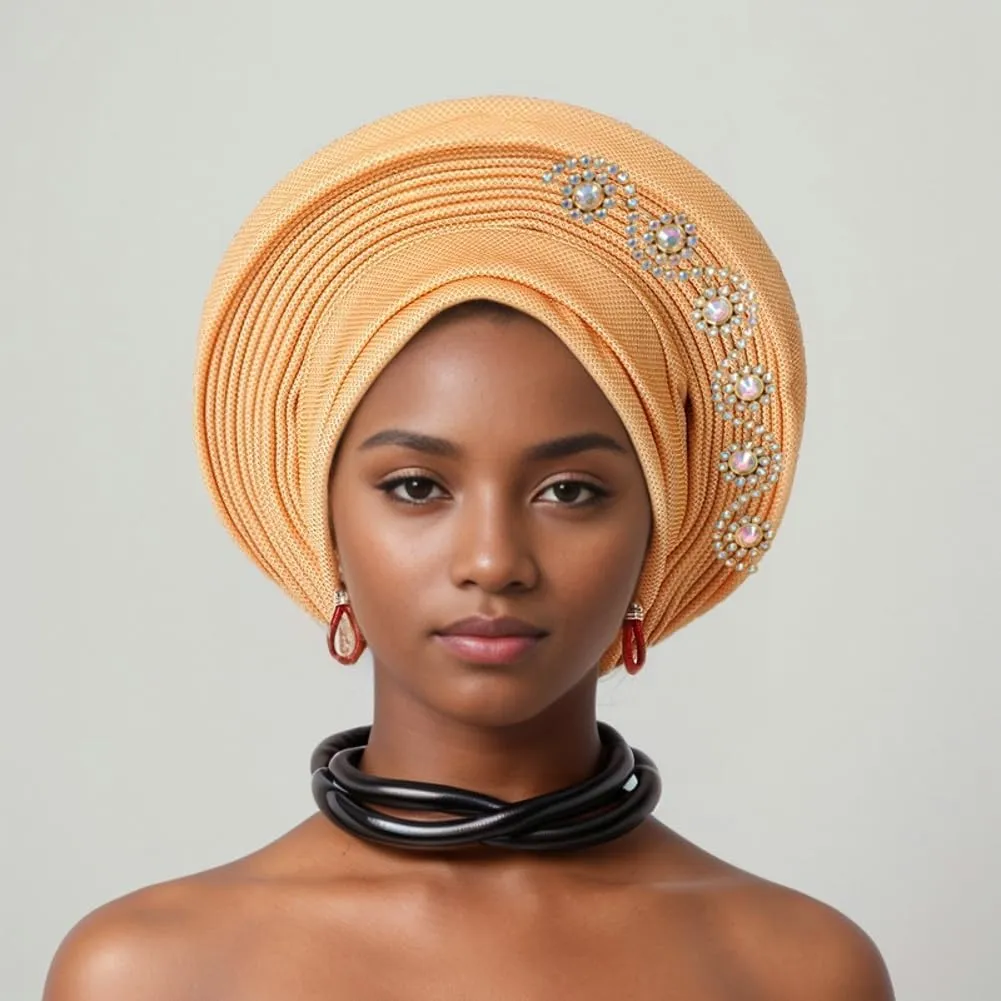 Auto Gele African Head Tie of Nigeria Aso Oke Headwraps Hat Turban Wedding Party Gorgeous Stone Hair Wear Cap for Women