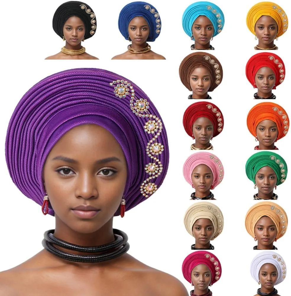 Auto Gele African Head Tie of Nigeria Aso Oke Headwraps Hat Turban Wedding Party Gorgeous Stone Hair Wear Cap for Women