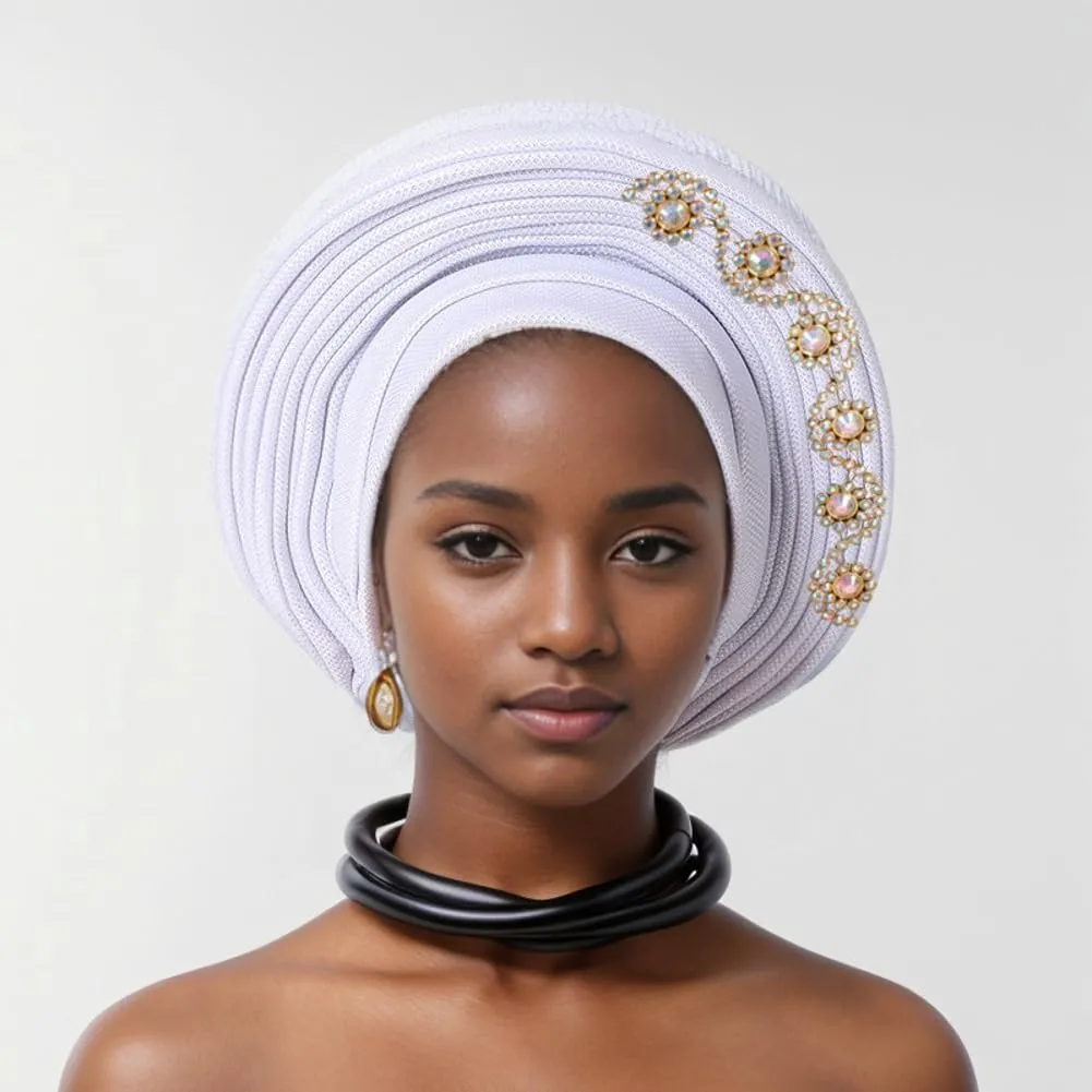 Auto Gele African Head Tie of Nigeria Aso Oke Headwraps Hat Turban Wedding Party Gorgeous Stone Hair Wear Cap for Women
