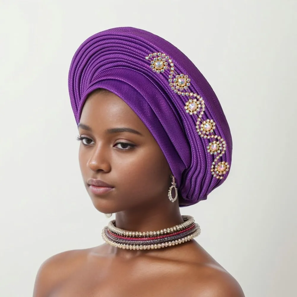 Auto Gele African Head Tie of Nigeria Aso Oke Headwraps Hat Turban Wedding Party Gorgeous Stone Hair Wear Cap for Women