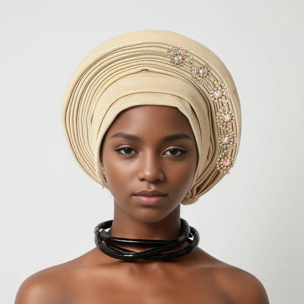 Auto Gele African Head Tie of Nigeria Aso Oke Headwraps Hat Turban Wedding Party Gorgeous Stone Hair Wear Cap for Women