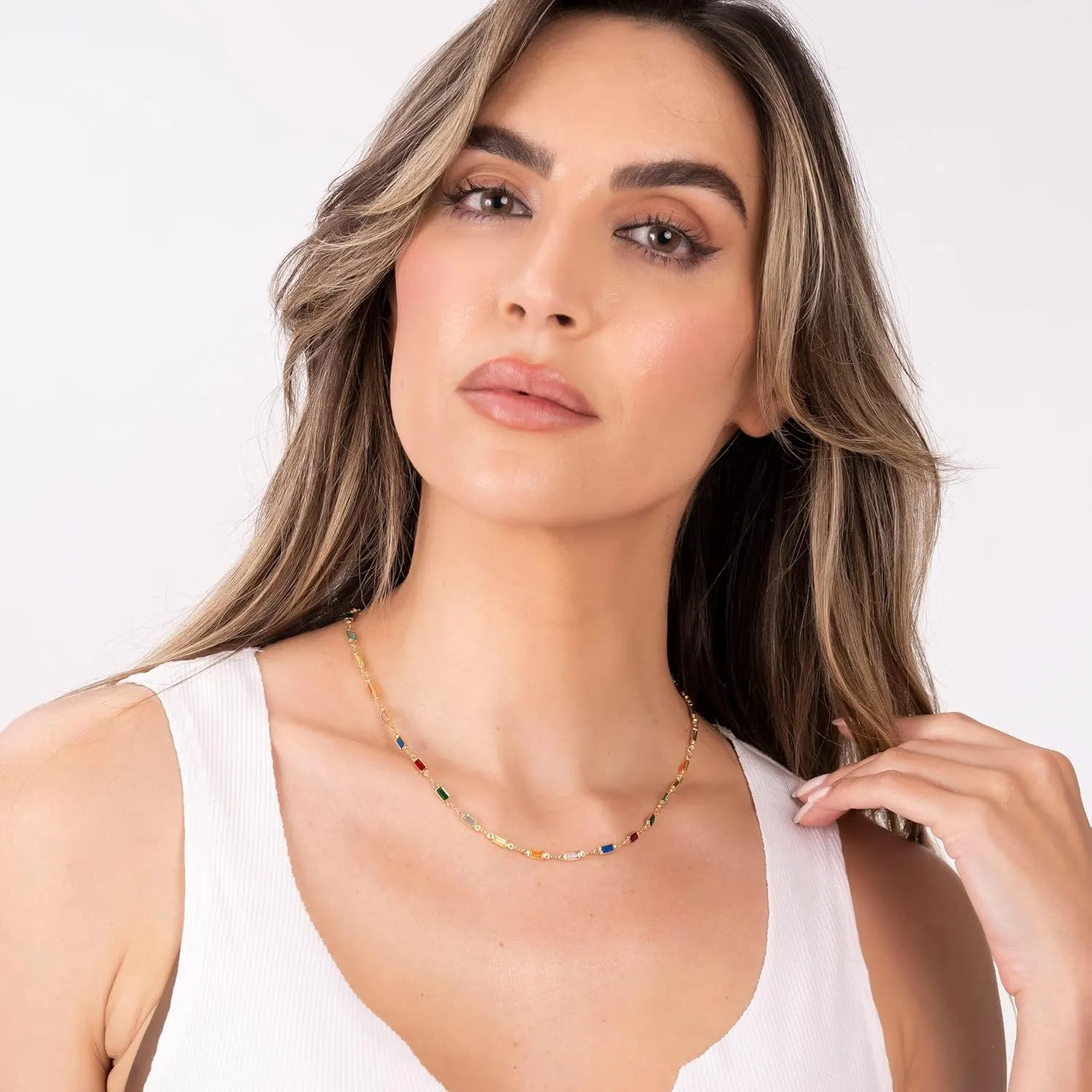 Barzel 18K Gold Plated Multi Stone Crystal Baguette Necklace for Women - Made In Brazil