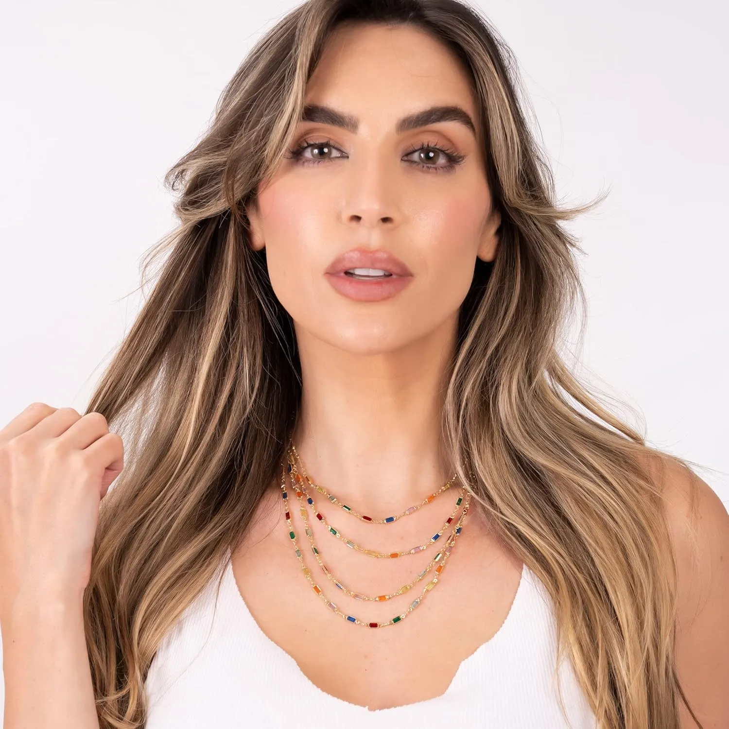Barzel 18K Gold Plated Multi Stone Crystal Baguette Necklace for Women - Made In Brazil