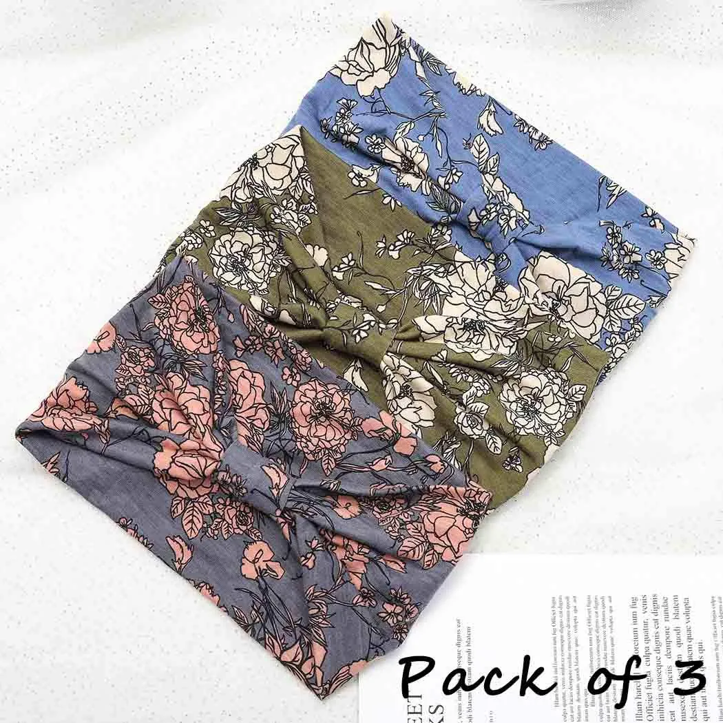 Boho Bandeau Headbands Wide Knot Hair Band Stretch Turban Head Wraps Fashion Hair Accessories for Women 3 Pcs (Boho)