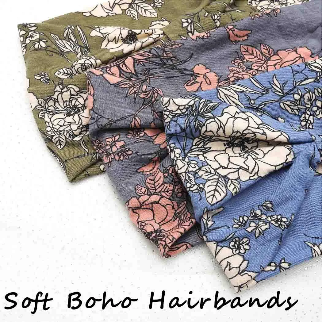 Boho Bandeau Headbands Wide Knot Hair Band Stretch Turban Head Wraps Fashion Hair Accessories for Women 3 Pcs (Boho)