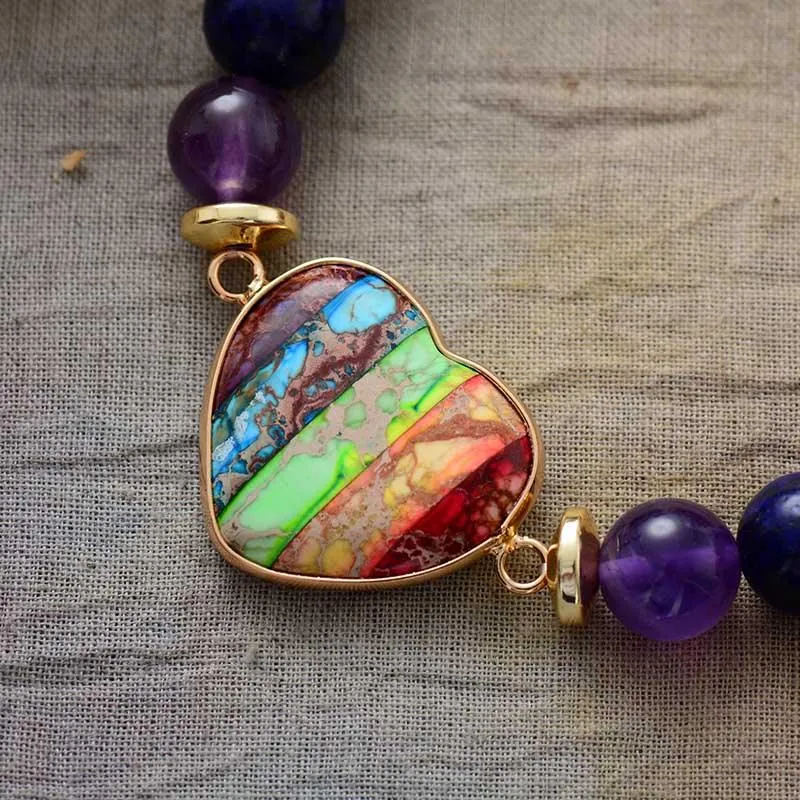 'Chakra Beads' & Jasper Heart Stretchy Bracelet