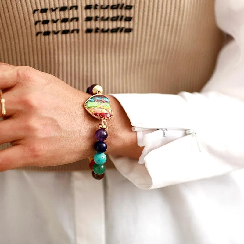'Chakra Beads' & Jasper Heart Stretchy Bracelet