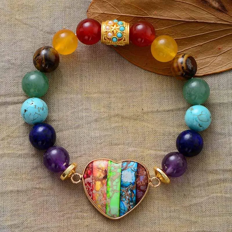 'Chakra Beads' & Jasper Heart Stretchy Bracelet