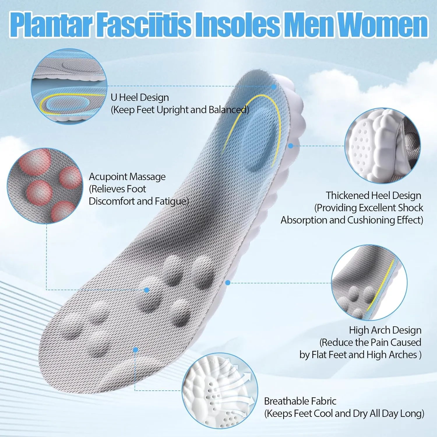 Cloud Insole, Ultra Comfort Insoles, Orthopedic Insoles for Women & Men - Plantar Fasciitis Insoles - Sports Shoe Insoles, Anti Fatigue, Shock Absorption, Foot Pain Relief (Gray, Women: US 4-8.5)
