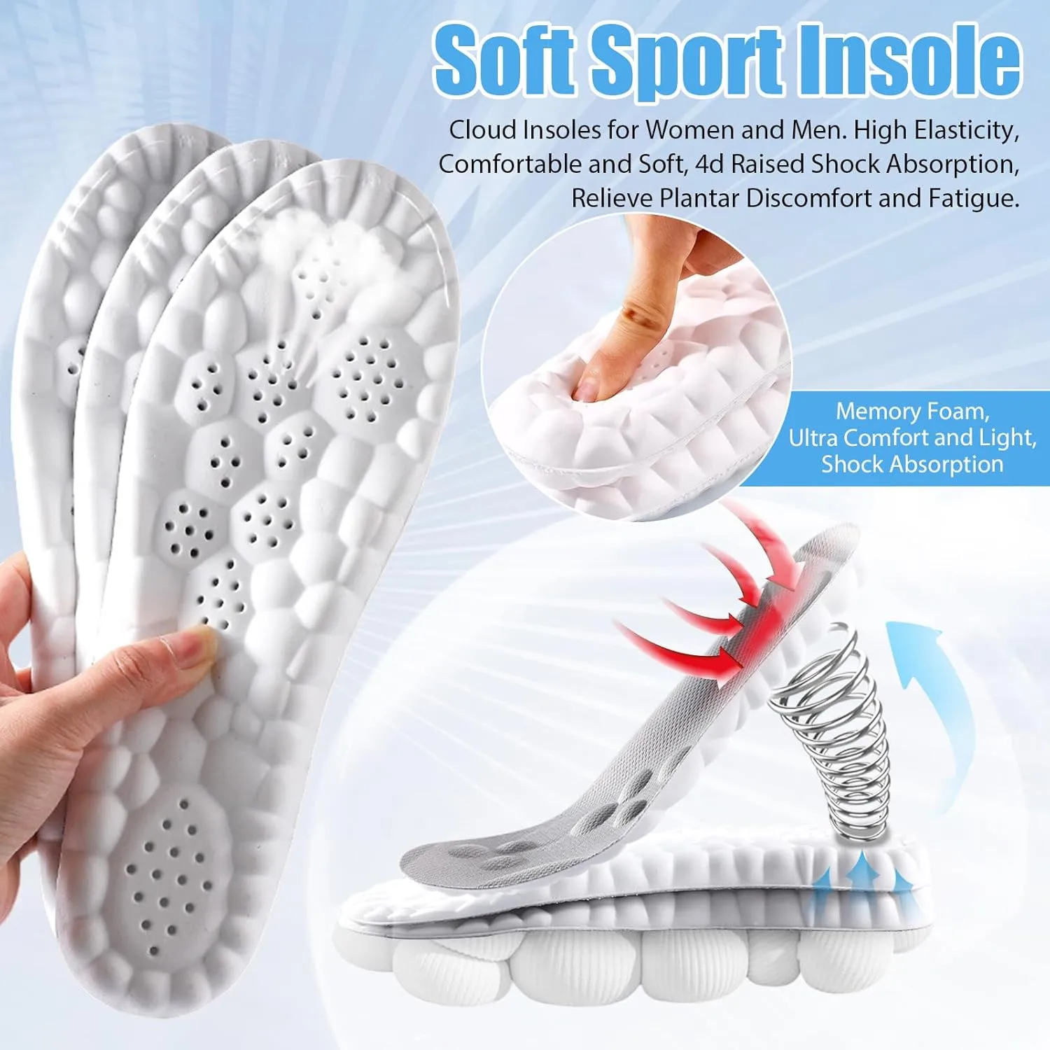 Cloud Insole, Ultra Comfort Insoles, Orthopedic Insoles for Women & Men - Plantar Fasciitis Insoles - Sports Shoe Insoles, Anti Fatigue, Shock Absorption, Foot Pain Relief (Gray, Women: US 4-8.5)