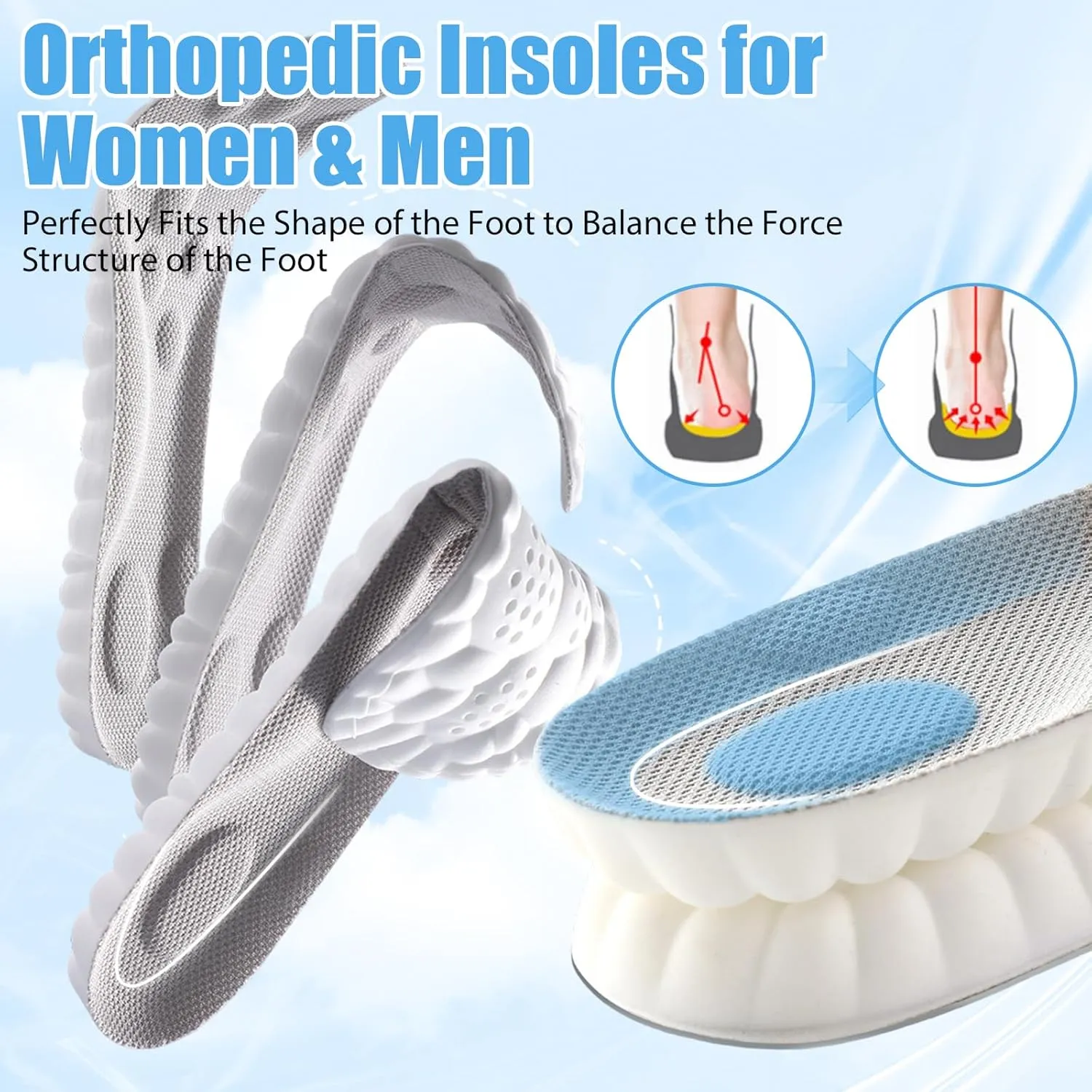 Cloud Insole, Ultra Comfort Insoles, Orthopedic Insoles for Women & Men - Plantar Fasciitis Insoles - Sports Shoe Insoles, Anti Fatigue, Shock Absorption, Foot Pain Relief (Gray, Women: US 4-8.5)