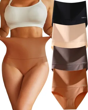 FINETOO Tummy Control Underwear for Women High Waisted Nylon Brief No Show Womens Bikini Seamless Panties 4pack S-XXXL