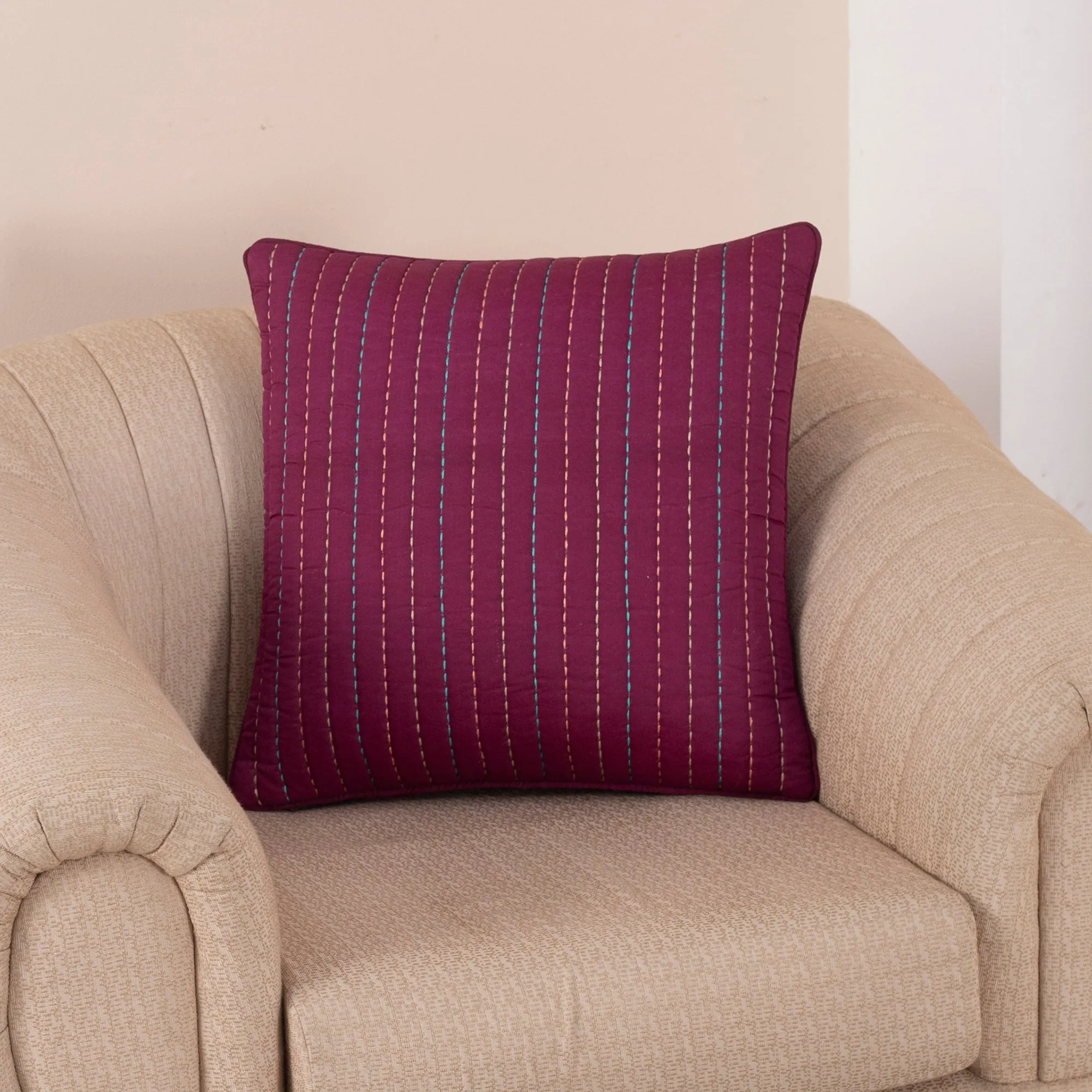 Folklore Transition Recurring Stripes Fabric100%CottonFilling100%Polyester Red Hand Embroidered Quilted Cushion Cover