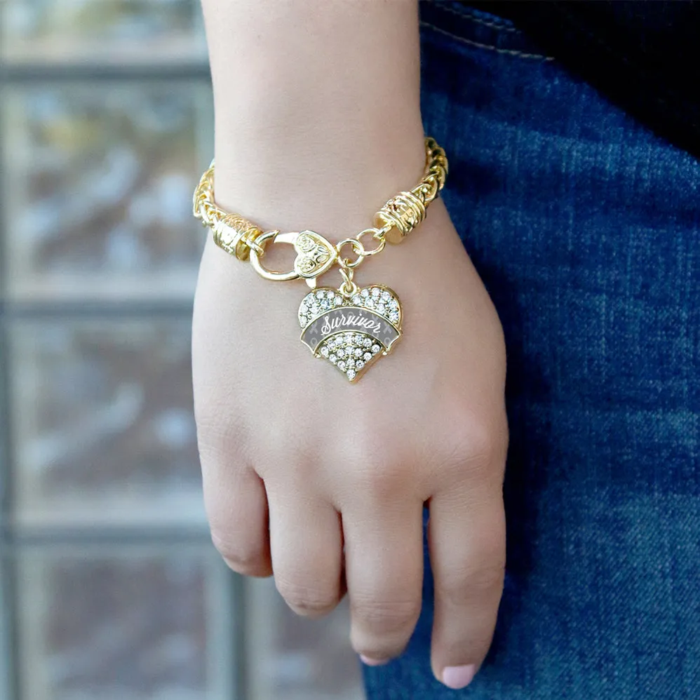 Gold Gray Survivor Pave Heart Charm Braided Bracelet