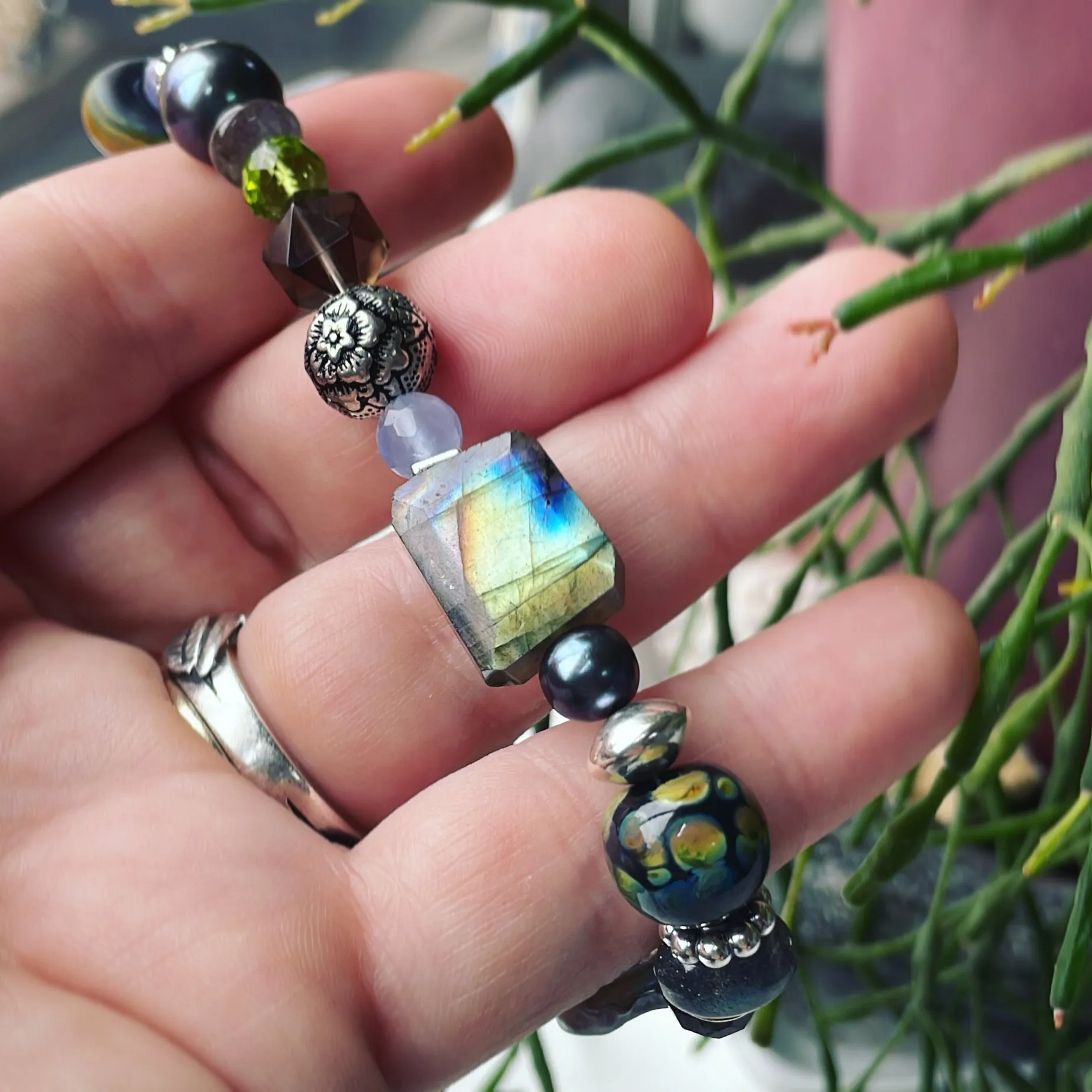 Green and Gray Multi Beaded Bracelet