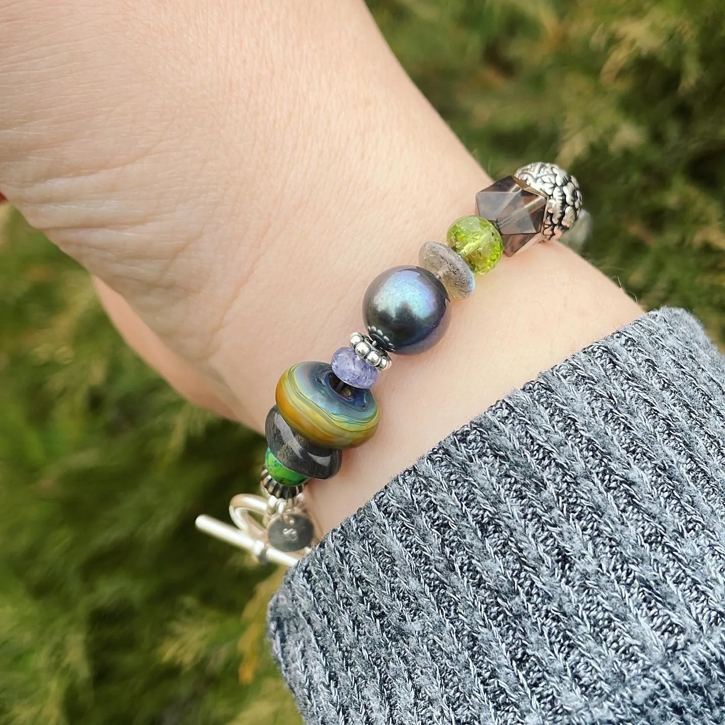 Green and Gray Multi Beaded Bracelet