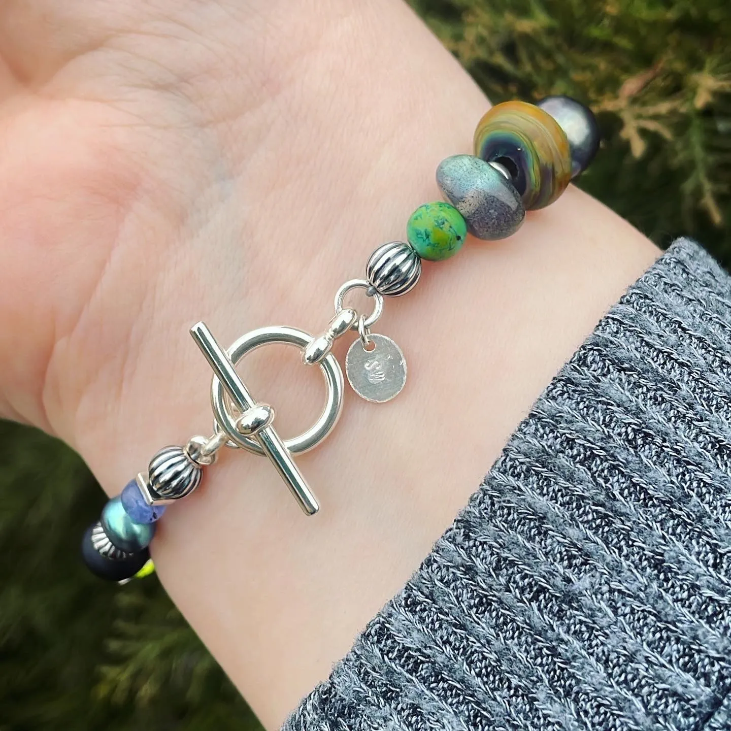 Green and Gray Multi Beaded Bracelet