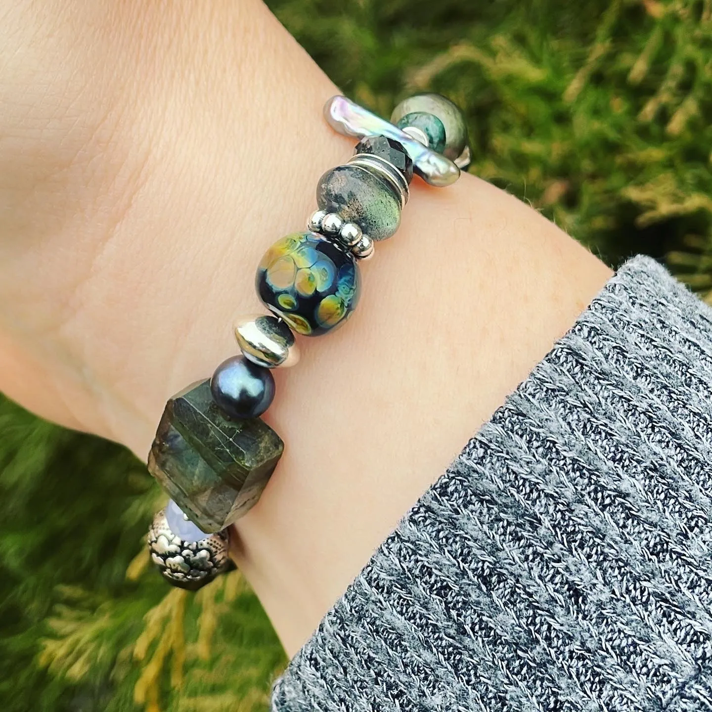 Green and Gray Multi Beaded Bracelet