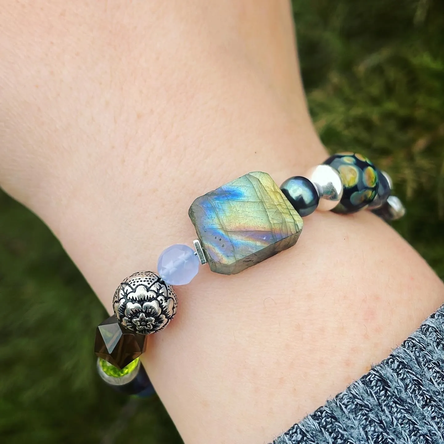 Green and Gray Multi Beaded Bracelet