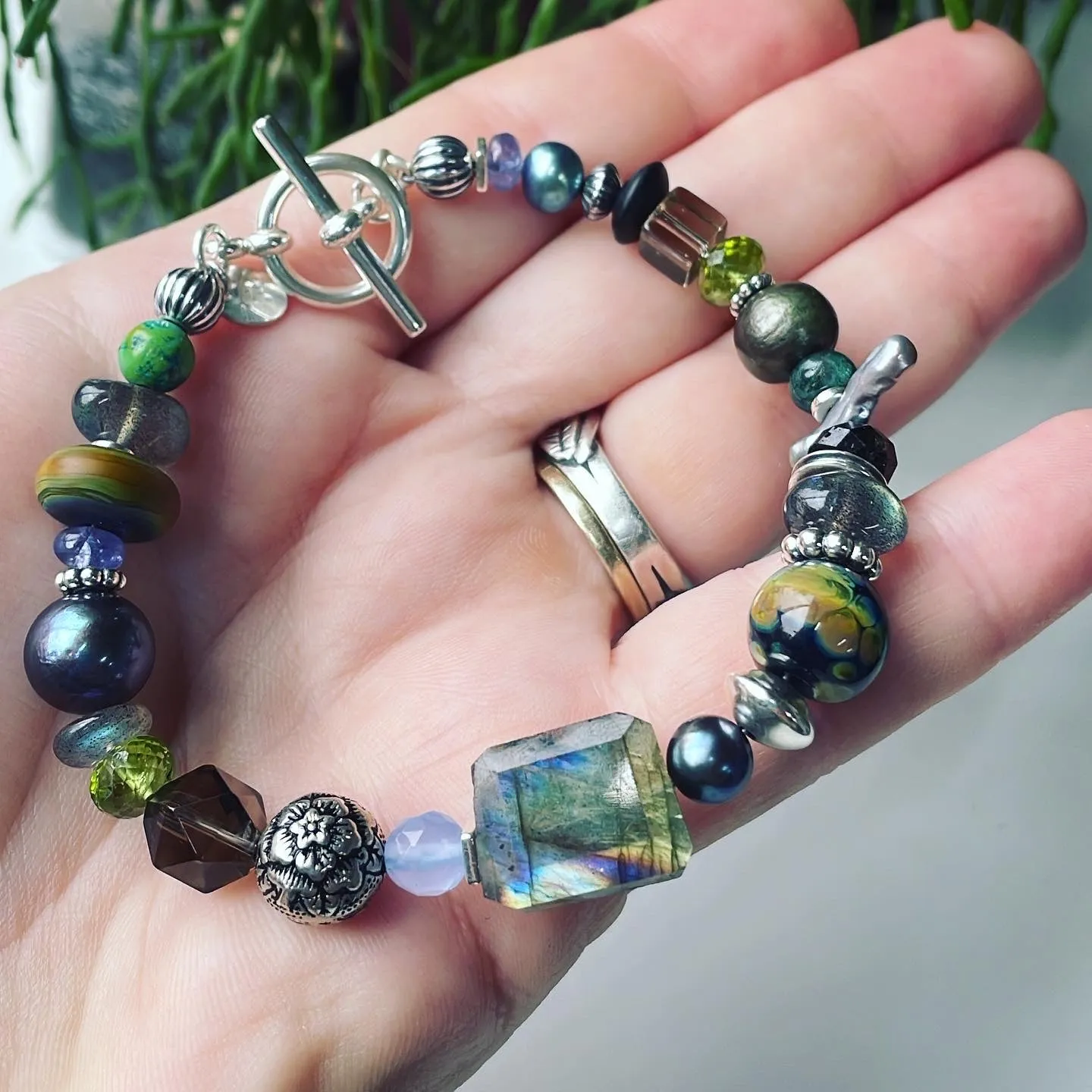Green and Gray Multi Beaded Bracelet