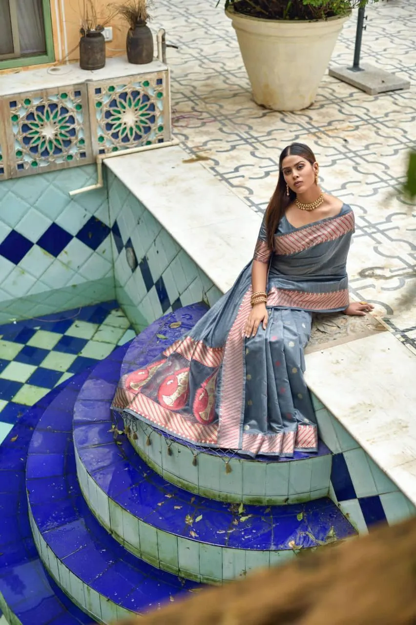 Grey Cotton Silk Premium Sequins Saree