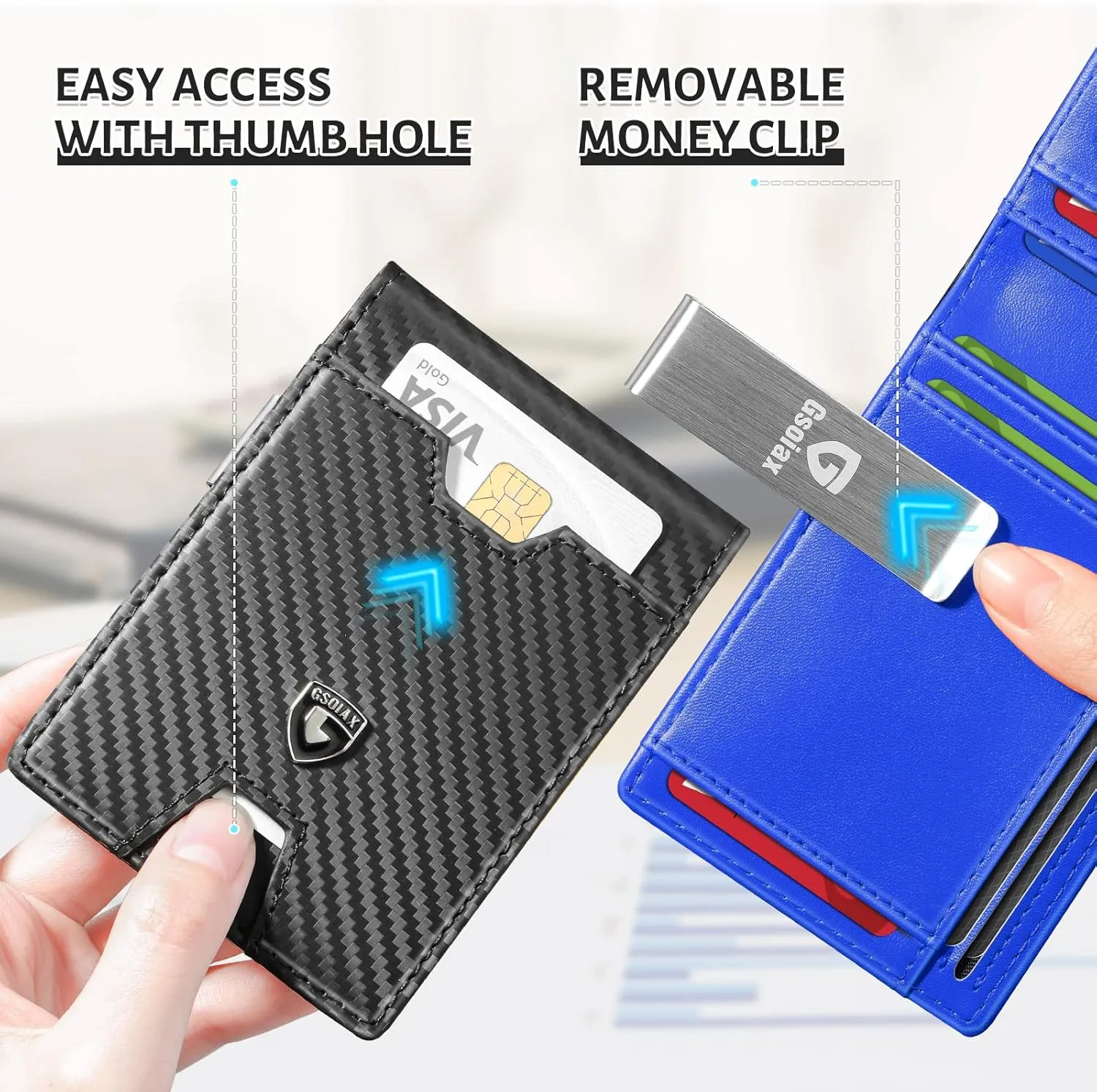 GSOIAX Men's Slim RFID Blocking Leather Wallet with Money Clip | Minimalist Carbon Fiber Bifold Credit Card Holder | 11 Card Slots | Gift Box Included(Carbon Blue)