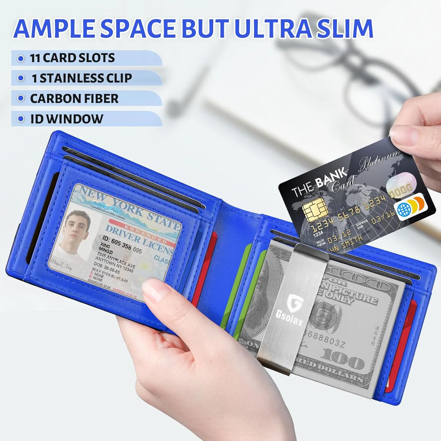 GSOIAX Men's Slim RFID Blocking Leather Wallet with Money Clip | Minimalist Carbon Fiber Bifold Credit Card Holder | 11 Card Slots | Gift Box Included(Carbon Blue)