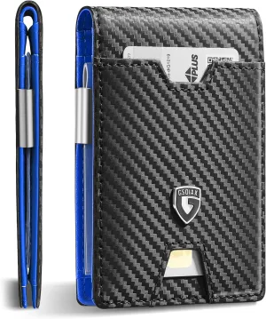 GSOIAX Men's Slim RFID Blocking Leather Wallet with Money Clip | Minimalist Carbon Fiber Bifold Credit Card Holder | 11 Card Slots | Gift Box Included(Carbon Blue)