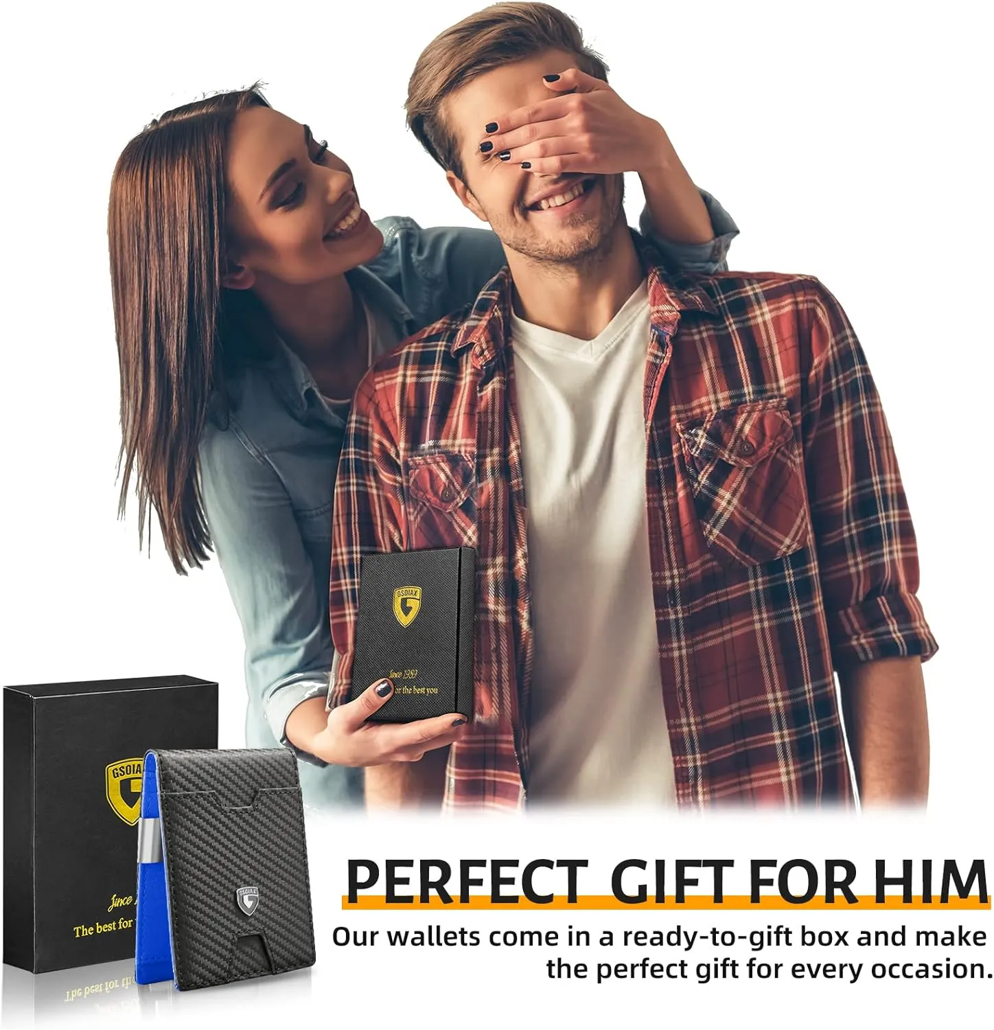 GSOIAX Men's Slim RFID Blocking Leather Wallet with Money Clip | Minimalist Carbon Fiber Bifold Credit Card Holder | 11 Card Slots | Gift Box Included(Carbon Blue)