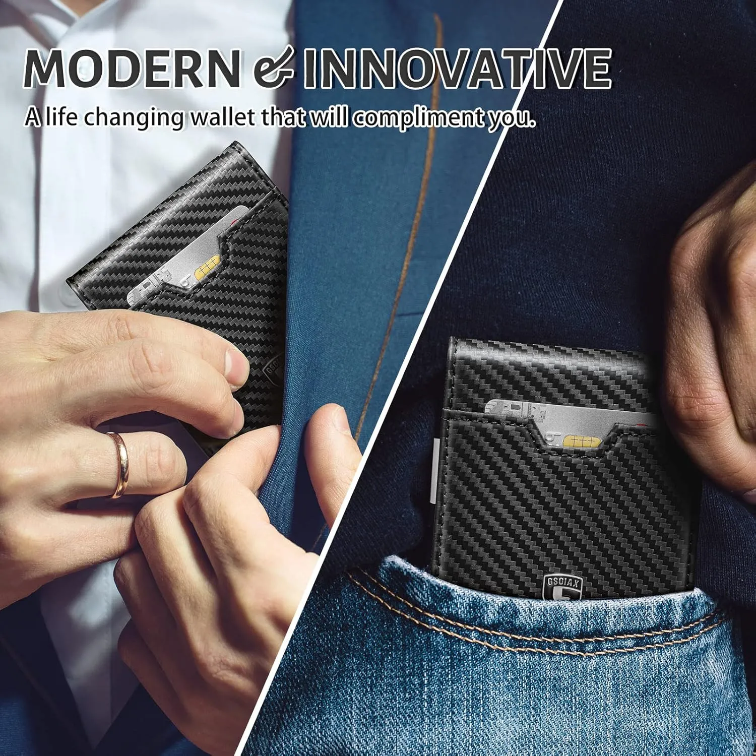 GSOIAX Men's Slim RFID Blocking Leather Wallet with Money Clip | Minimalist Carbon Fiber Bifold Credit Card Holder | 11 Card Slots | Gift Box Included(Carbon Blue)