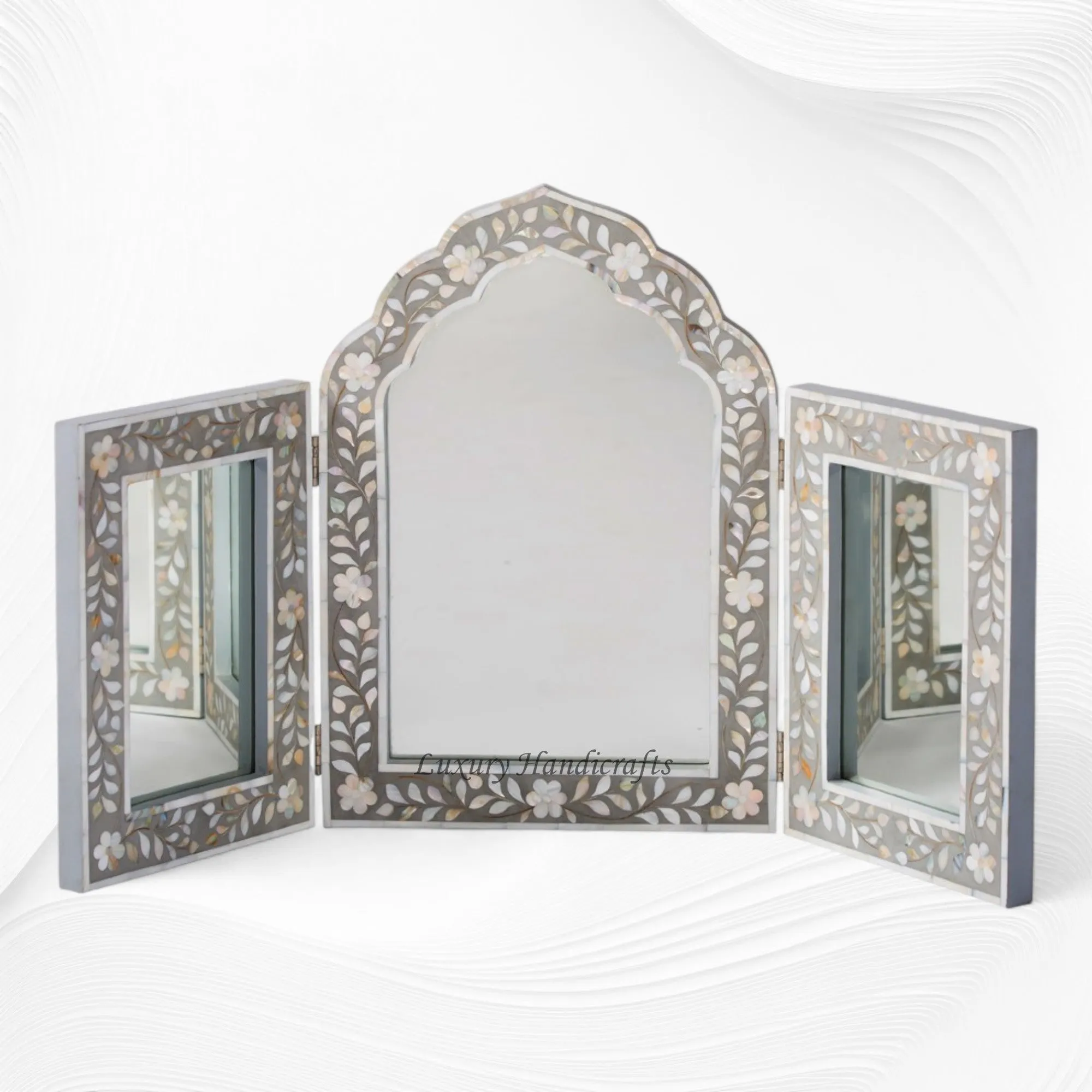 Isabelle MOP Inlay Floral Triple Mirror Grey