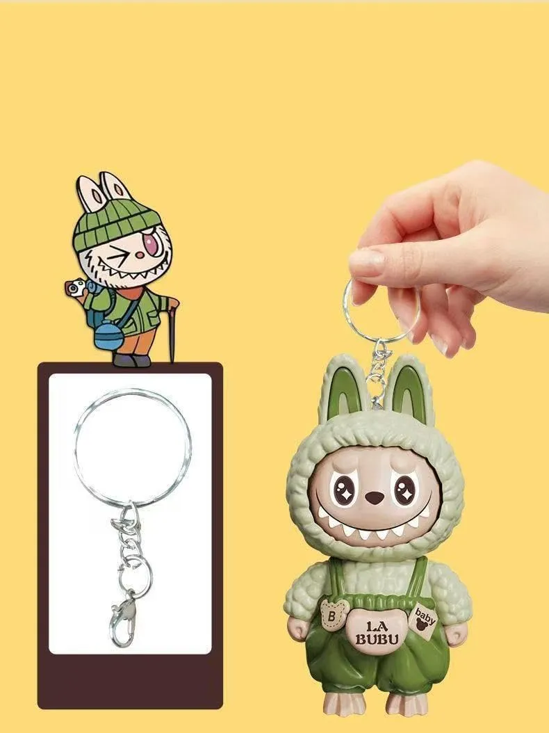 Labubu Keychain with Changeable Faces, Cartoon Key Chain for Bag Charms Handbag Purse Backpack Accessories-Green