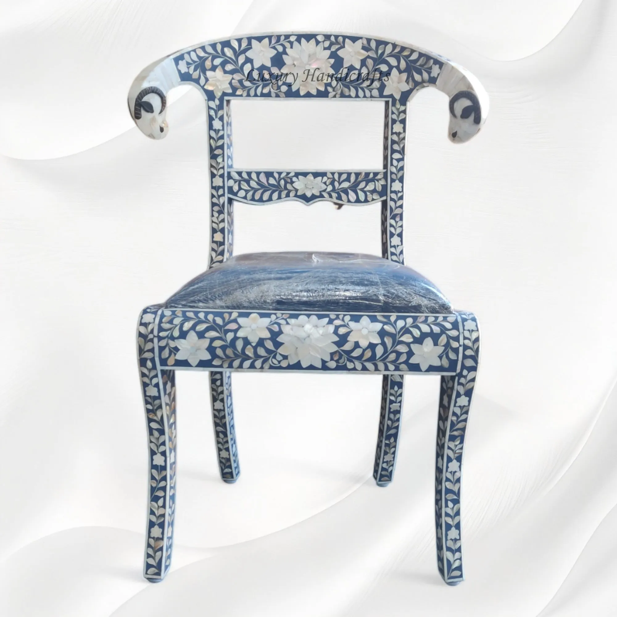 MOP Inlay Floral Rams Head Chair Blue