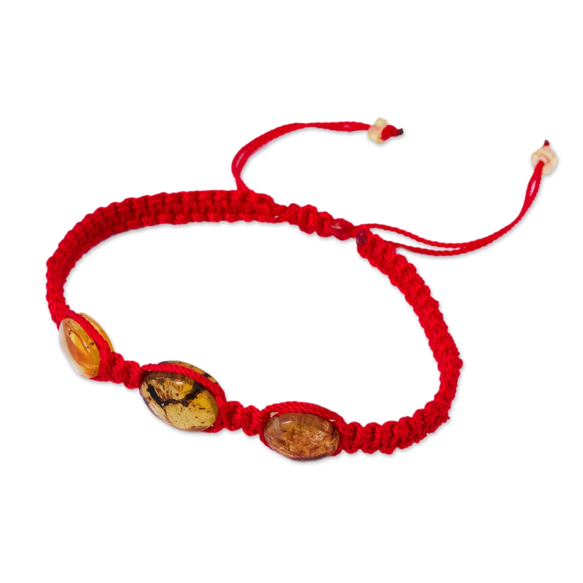 Red Nylon Braided Bracelet with Amber Beads from Mexico - Amber Passion | NOVICA