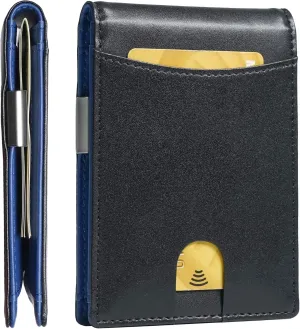 Slim Bifold Wallet for man with Money Clip - RFID Blocking, Multiple Credit Card Pockets - Sleek and Versatile Design - Genuine Leather - Ideal for Cash and Cards (Black - Blue)