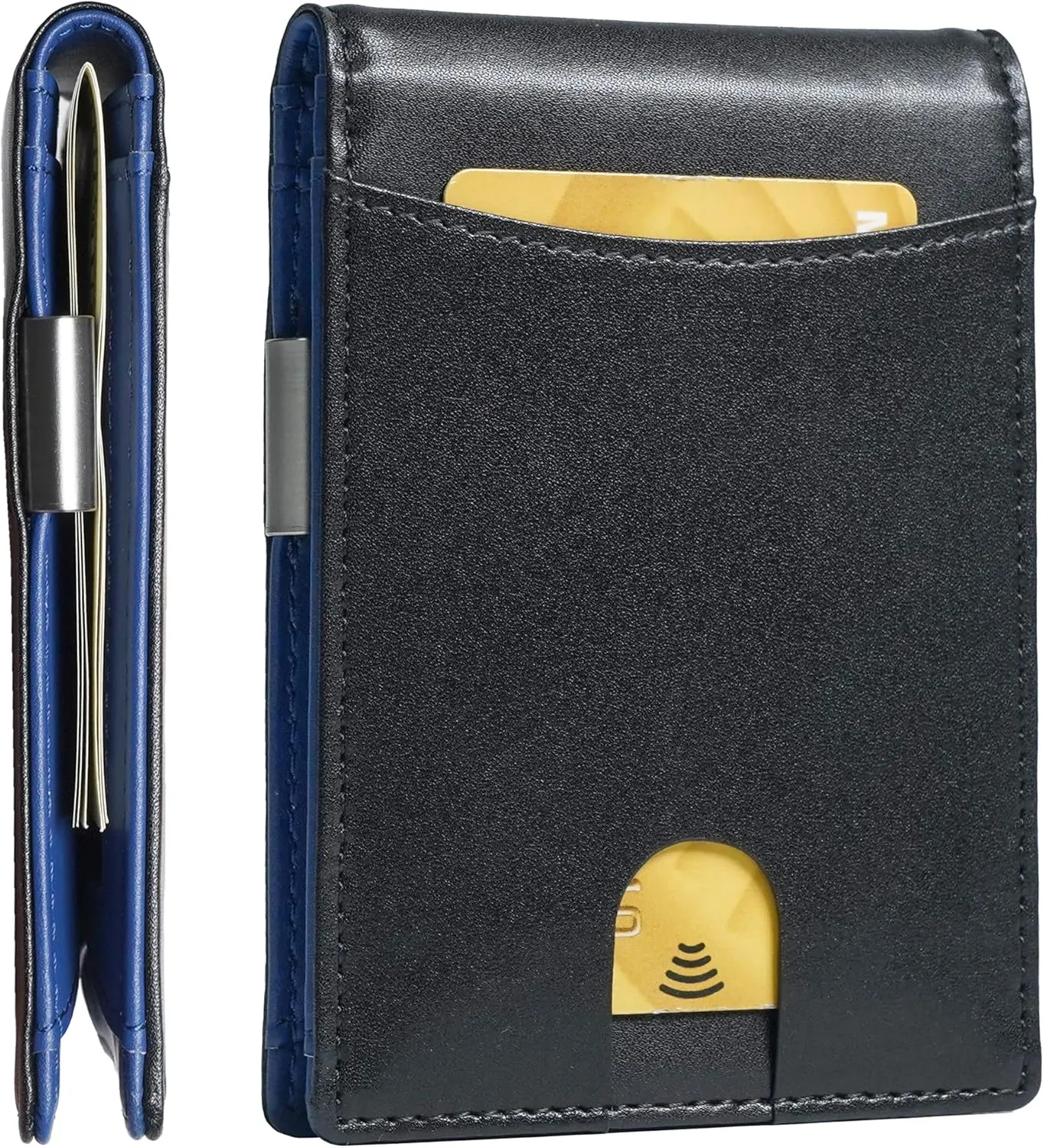 Slim Bifold Wallet for man with Money Clip - RFID Blocking, Multiple Credit Card Pockets - Sleek and Versatile Design - Genuine Leather - Ideal for Cash and Cards (Black - Blue)