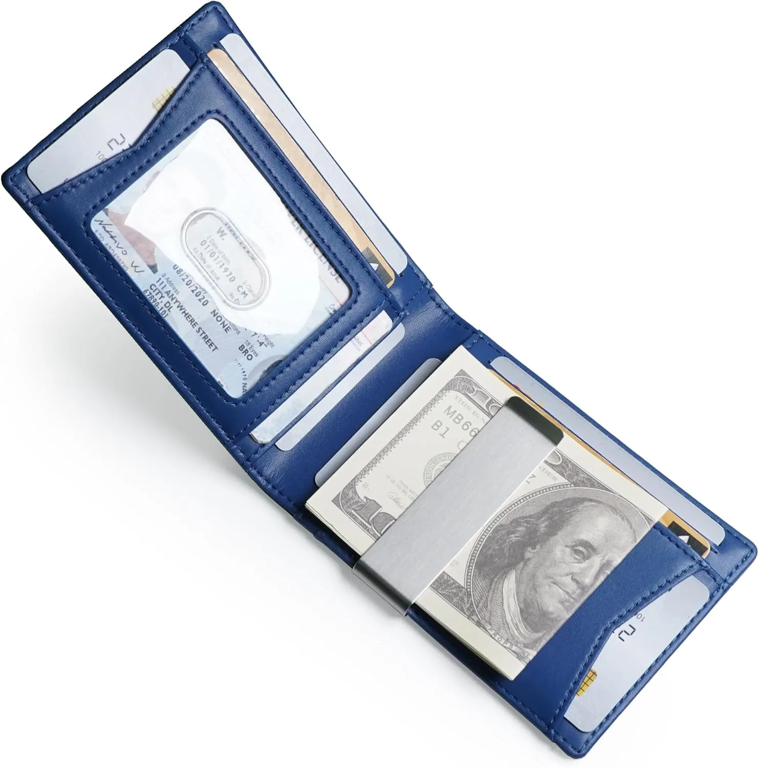 Slim Bifold Wallet for man with Money Clip - RFID Blocking, Multiple Credit Card Pockets - Sleek and Versatile Design - Genuine Leather - Ideal for Cash and Cards (Black - Blue)