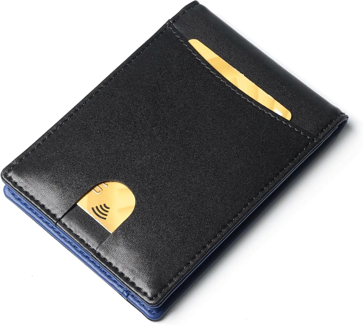 Slim Bifold Wallet for man with Money Clip - RFID Blocking, Multiple Credit Card Pockets - Sleek and Versatile Design - Genuine Leather - Ideal for Cash and Cards (Black - Blue)