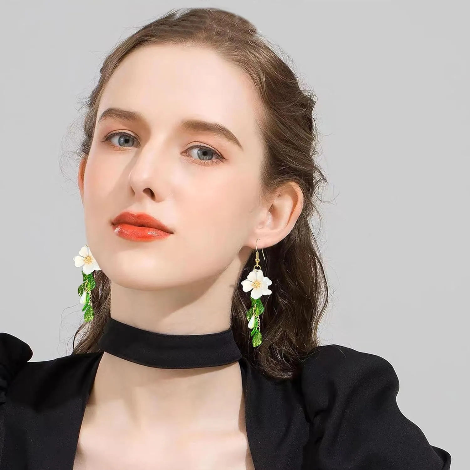 Summer Beach Flower Tassel Earrings for Women Boho Long Flower Dangle Floral Petals Drop Earring for Statement Vacation With Green Leaf