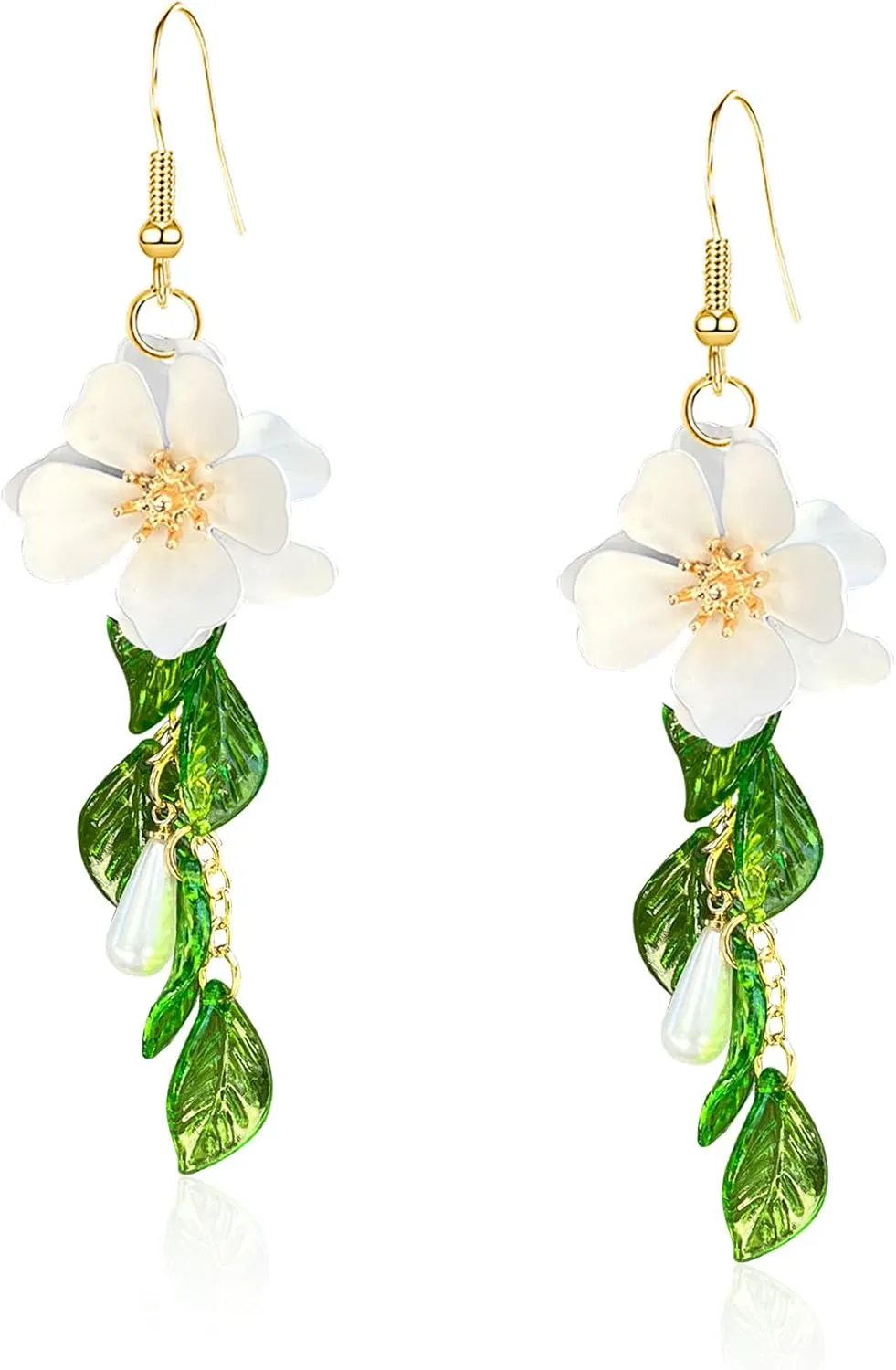 Summer Beach Flower Tassel Earrings for Women Boho Long Flower Dangle Floral Petals Drop Earring for Statement Vacation With Green Leaf