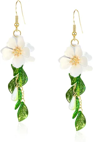 Summer Beach Flower Tassel Earrings for Women Boho Long Flower Dangle Floral Petals Drop Earring for Statement Vacation With Green Leaf