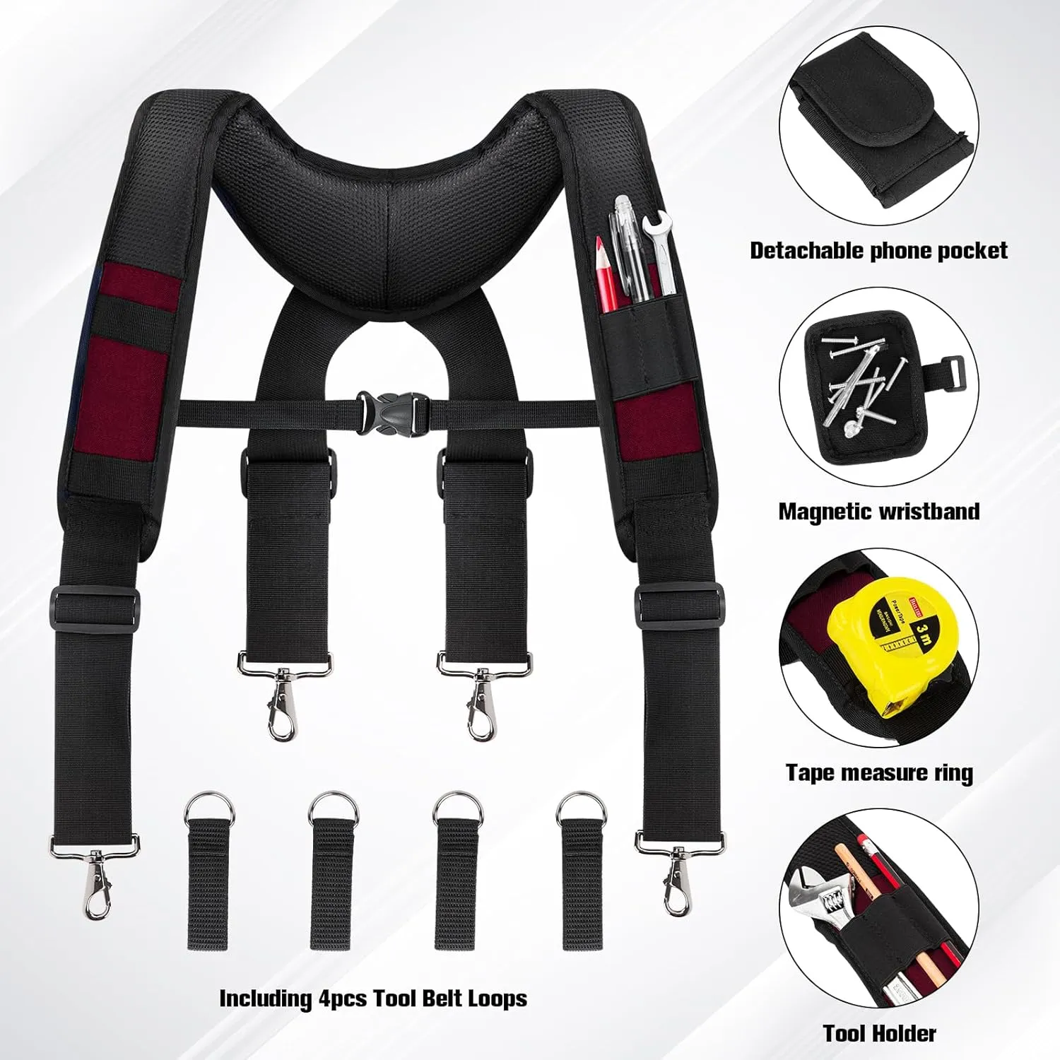 Tool Belt Suspenders, Work Belt Suspender Suitable for Construction Electrician Tool Belt with Adjustable Straps red