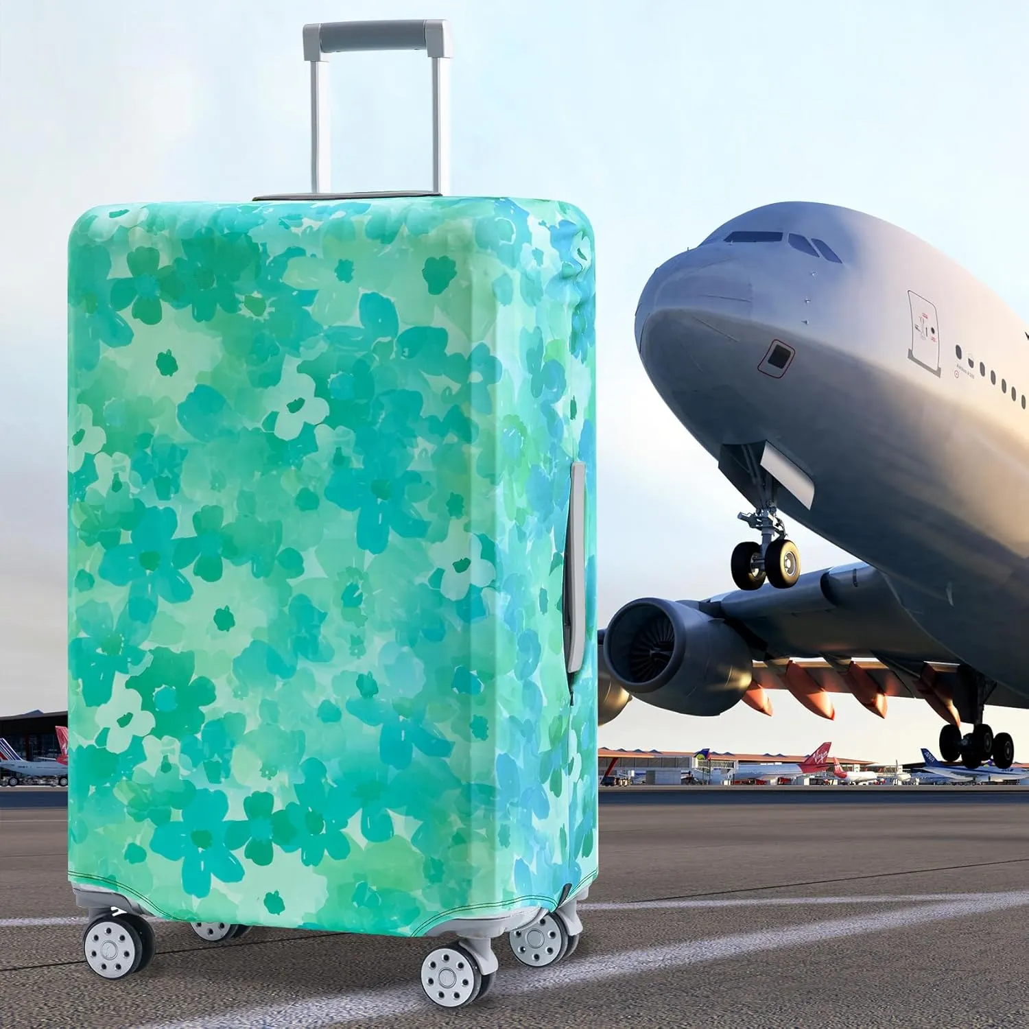 TRAVEL KIN Luggage Covers For Suitcase Tsa Approved,Suitcase Cover Protector Fit 22-25 Inch Luggage (Blue Floral-M)