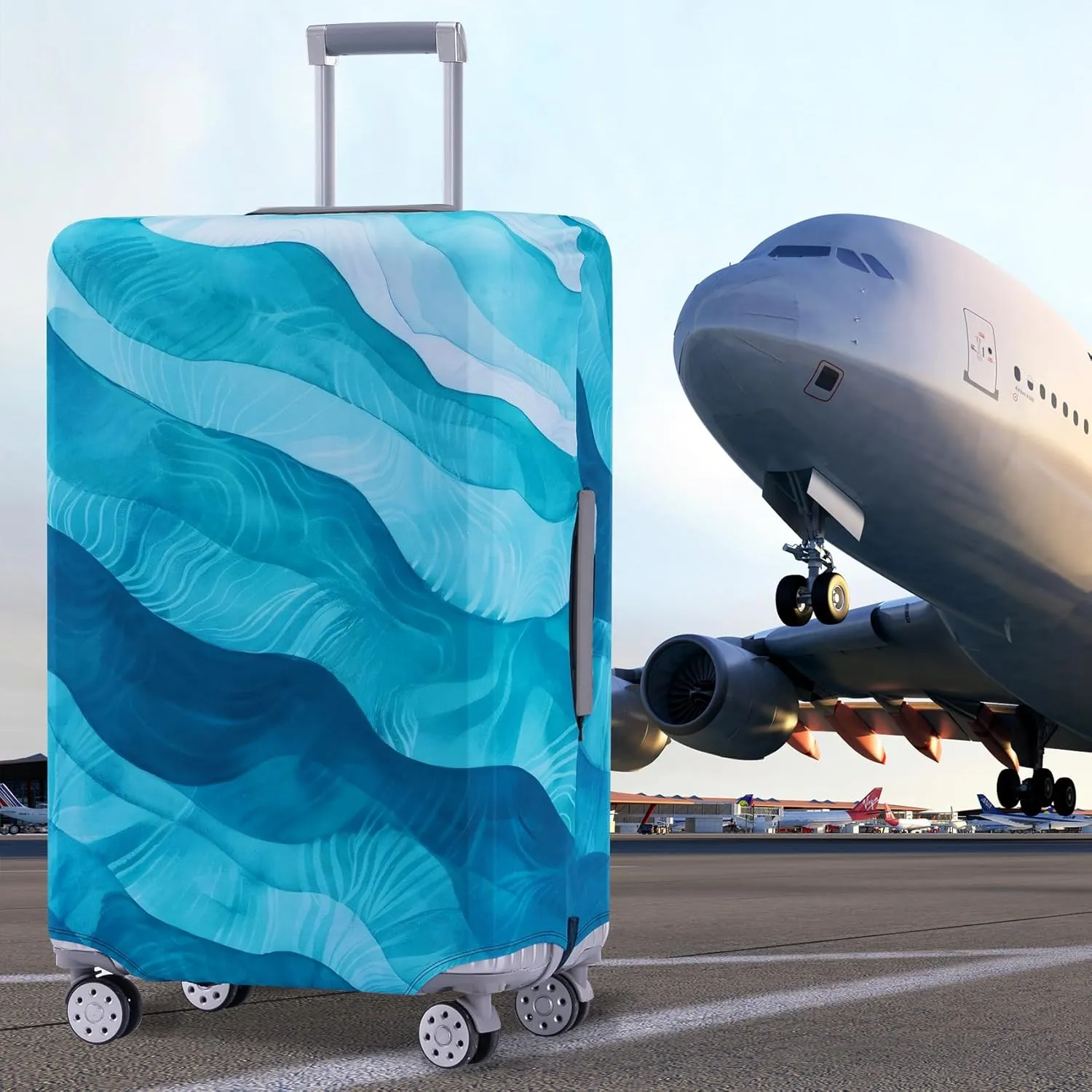 TRAVEL KIN Luggage Covers For Suitcase Tsa Approved,Suitcase Cover Protector Fit 22-25 Inch Luggage (Blue Wave-M)
